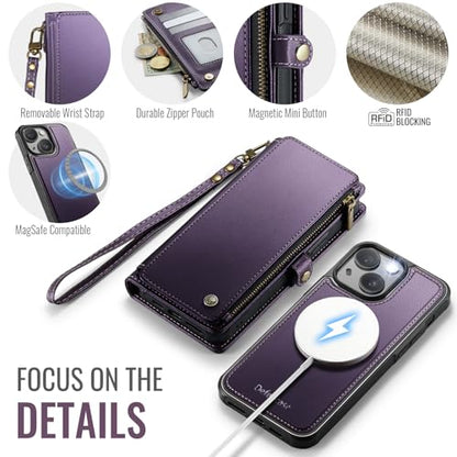 Defencase for iPhone 14 Phone Case Wallet Compatible with Magsafe, Purple | Magnetic Detachable, Drop-Proof Protective Wallet Cases Cover, with RFID Bolcking Card Holder, Zipper Strap, Soft PU Leather - color: (Detachable with Magsafe)-Purple