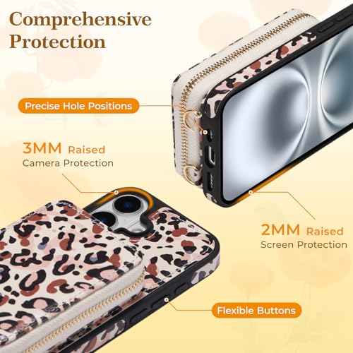ZCDAYE Zipper Crossbody Wallet Case for iPhone 16 Plus, Leopard Print | Flip Folio PU Leather, Practical Card Holder, Adjustable Lanyard Strap, RFID Blocking, Retro Leopard Girly Phone Case - color: Leopard print, size: iPhone 16 Plus