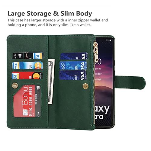 iCoverCase for Samsung Galaxy S23 Ultra Wallet Case with Card Holder, Kickstand Feature PU Leather Case with Adjustable Crossbody Lanyard Magnetic Clasp Zipper Pocket Flip Cover (Green) - color: Green, size: Galaxy S23 Ultra