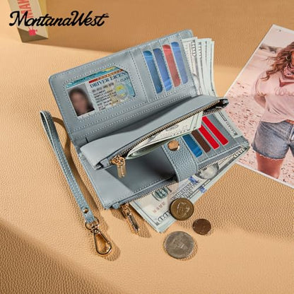 Montana West Wallet Wristlet Women Bifold Wallets, Card Cases & Money Organizers Large Capacity Phone Wallet Ladies Female Minimalist Clutch Wallets with Double Zipper Purses and ID Window - color: Jeans Blue