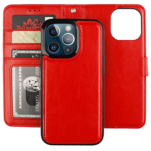 Bocasal Detachable Wallet Case Card Holder for iPhone 13 Pro, Red - color: Red