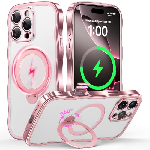 GolbinBox iPhone 16 Pro Max MagSafe Ring Stand Wave Case, Pink/Clear | Premium electroplated wave frame, stable MagSafe charging, reinforced corners, and raised camera and screen edges. - color: Pink/Clear, size: For iPhone 16 Pro Max 6.9 Inch