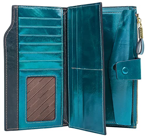 YALUXE Women's Real Leather Wallet RFID Protect 21 Card Slots Phone Pocket - color: 4- Waxed Greenish Blue, size: Genuine Leather