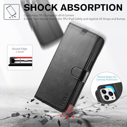 TUCCH Wallet Case for iPhone 15 Pro Max (6.7") 2023, 4 Card Holders, Black | RFID Blocking, Viewing Stand, Shockproof TPU Shell, PU Leather, Magnetic Closure, Protective Folio Flip Cover - color: Black