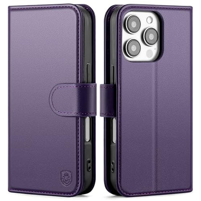 Compatible with iPhone 16 Pro Max Genuine Leather Case Wallet with Card Holder,Women Men Real Leather Flip Folio RFID Blocking Credit Card Slots Phone Cover,for Apple 16 ProMax,Purple - color: Purple, size: iPhone 16 Pro Max - 6.9"