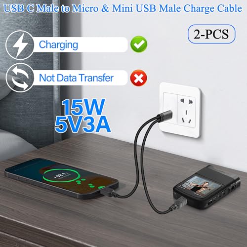 QIANRENON USB C to Micro USB & Mini USB 1 in 2 Charging Short Cable, 5V 3A, 30cm/11.8in, 2Pcs