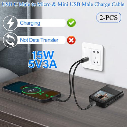 QIANRENON USB C to Micro USB & Mini USB 1 in 2 Charging Short Cable, 5V 3A, 30cm/11.8in, 2Pcs