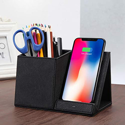 COSOOS Fast Wireless Charger with Desk Organizer, Desk Phone Charger Compatible with 15/15 Pro/15 Pro Max/14/13/12/11/XS/8 Plus, Galaxy S21/S20+/S10/Note 10/Note 9/(No AC Adapter) - color: Black