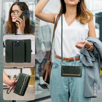 Asuwish Phone Case for iPhone 15 Pro 6.1 inch Zipper Wallet Detachable Cell Cover with Tempered Glass Screen Protector Wrist Strap Mandala Flower Card Holder i Phone15 i15 15Pro Women Men Dark Green - color: Dark Green