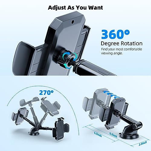 FBB Phone Mount for Car, [ Off-Road Level Suction Cup Protection ] 3in1 Long Arm Suction Cup Holder Universal Cell Phone Holder Mount Dashboard Windshield Vent Compatible with All Smartphones