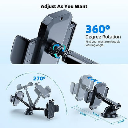 FBB Phone Mount for Car, [ Off-Road Level Suction Cup Protection ] 3in1 Long Arm Suction Cup Holder Universal Cell Phone Holder Mount Dashboard Windshield Vent Compatible with All Smartphones