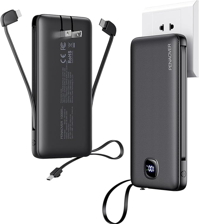 Portable Charger 10000mAh 22.5W Power Bank,Built-in 3 Cables & AC Wall Plug - color: Space Black