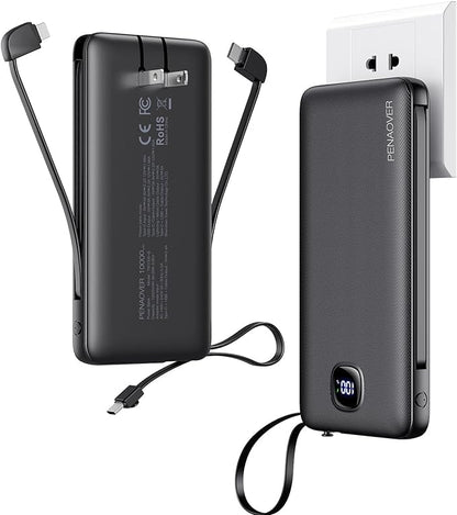 Portable Charger 10000mAh 22.5W Power Bank,Built-in 3 Cables & AC Wall Plug - color: Space Black
