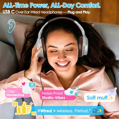 USB C Wired Headphones Active Noise Canceling Headphone Over Ear-Brown - color: Silver