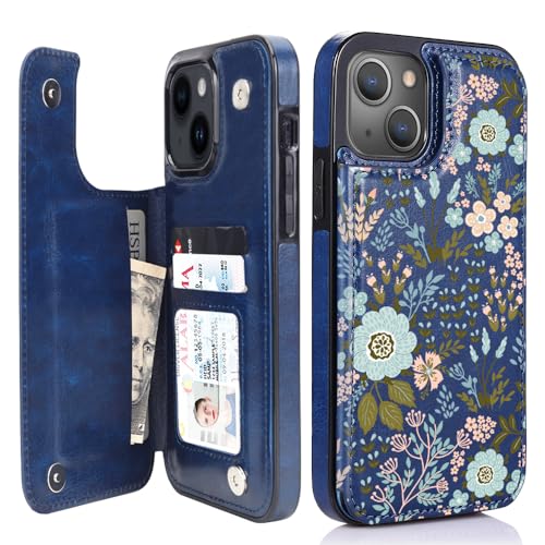 uCOLOR for iPhone 13/14 Wallet Case with Card Holder Navy Flowers | PU Leather RFID Blocking for Women Men Magnetic Clasp Kickstand 6.1 - color: Navy Flowers