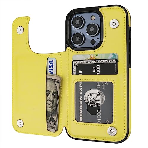 ONETOP for iPhone 14 Pro Wallet Case with Credit Card Holder,Yellow | Kickstand,ID/Cash Holder,Case Wallet with Card Slots,Double Magnetic Clasp,Durable PU Leather Shockproof Cover for Women Men - color: Yellow