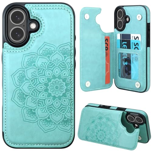 MMHUO for iPhone 16 Case with Card Holder,Flower Magnetic Buttons Protective Wallet Case for Women for iPhone 16 (6.1 Inch),Mint - color: Mint, size: for iPhone 16 6.1"-(S)(Two Cameras)
