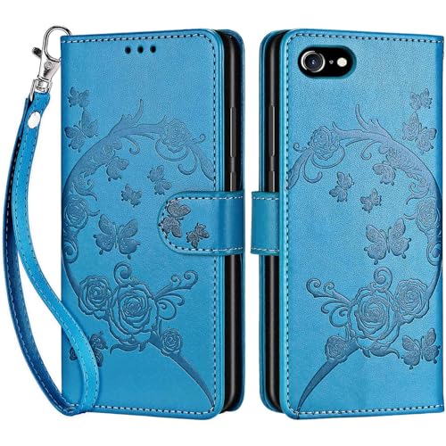 for iPhone SE 2022/7/8/SE 2020 Wallet case, Blue-Flower | 3 Card Holders, Kickstand, Shockproof TPU Shell, PU Leather, Magnetic Closure, Protective Flip Folio Cover, Women - color: 7