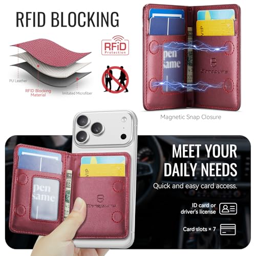 Strapurs Strong Magnetic Wallet Card Holder for MagSafe Phones and Cases, Slim PU Leather Detachable Phone Wallet with 6 Card Slots RFID Blocking for iPhone 17/16/15/14/13/12/Pro/Max/Plus – Wine Red - color: Wine Red