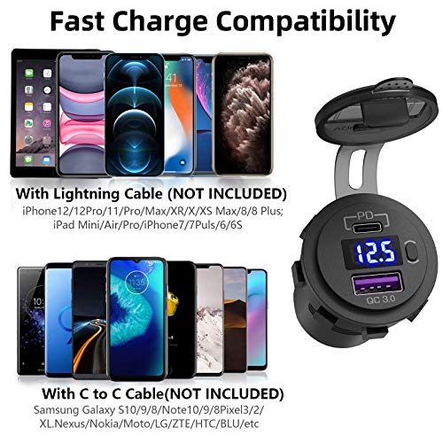 USB C Car Charger Socket, Qidoe 12V/24V Dual USB Outlet PD3.0 & QC3.0 Car USB Port with LED Voltmeter and ON/Off Switch DIY Car Socket for Car Boat Marine Bus Truck Golf RV Motorcycle
