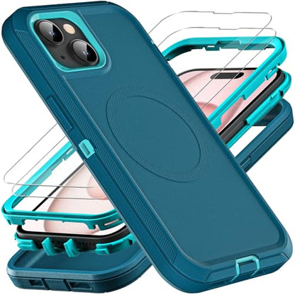 YKHJKLEC for iPhone 15 Case, Compatible with Magsafe, Military Grade 3 in 1 Heavy Duty Shockproof/Drop Proof/Dust Proof Case with 2Pcs Tempered Glass Screen Protector (New-Blue/Turquoise) - color: New-Blue/Turquoise