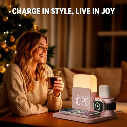 7 in 1 Wireless Charging Station, 25W Charger with Alarm Clock Night Light - color: Pink