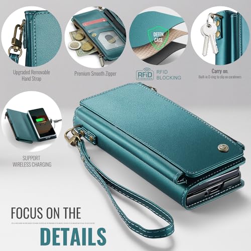Defencase for Samsung Galaxy Z Fold 4 Wallet Case with Card Holder, Green | Durable Soft PU Leather, RFID Blcking Zipper Pocket, with S-Pen Holder & Strap, Flip Phone Cases with Stand for Women Men - color: Blue Green