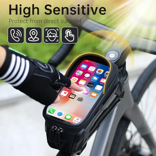 Bike Front Frame Bag Waterproof with Phone Mount Holder | 2 in1 EVA Bicycle Top Tube Bag, Waterproof, Rain Cover, TPU Touch Screen, Tool-Free, Sun Visor, Fits Road, Mountain, E-Bikes