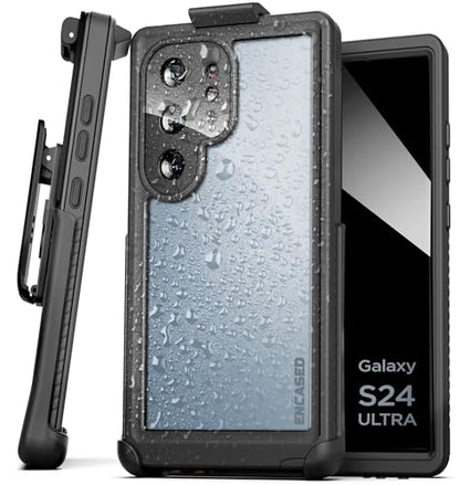 Encased Waterproof Belt Case Designed for Samsung Galaxy S24 Ultra - Full Body Protective Case with Screen Protector Built-in with Holster Clip (Clear/Black) - size: S24 Ultra