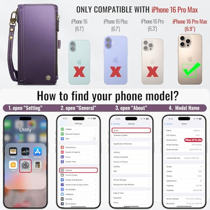 Defencase for iPhone 16 Pro Max Wallet Case with RFID Card Holder, Purple | Durable Soft PU Leather, with Zipper Pocket, Wrist Strap, Fashion Snap Flip Phone Cases Cover with Stand for Women and Men - color: Purple