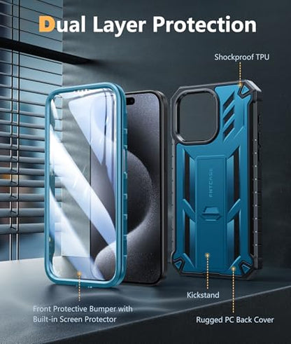 FNTCASE for iPhone 15 Pro Max Case, Built-in Screen Protector, Kickstand | Military-Grade Drop Protection, Anti-Slip Matte Textured, Rugged Heavy Duty Shockproof TPU Protective Cover - color: Blue