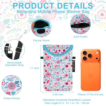 Flap Closure Secure Cell Phone Bag with Card Pocket for iPhone & Samsung - color: White Garden Flower