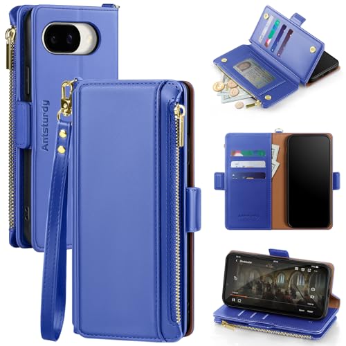 Antsturdy Compatible with Google Pixel 10a Wallet Case with Card Holder Women Men Phone Case RFID Blocking PU Leather Flip Protective Cover Wrist Strap Zipper Credit Card Slots,PurpleBlue - color: Purple Blue, size: Google Pixel 10a - 6.3"