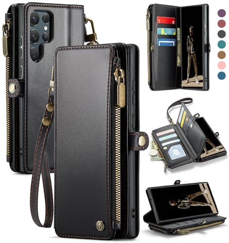 Defencase for Samsung Galaxy S22 Ultra Wallet Case with Card Holder, Black | Durable PU Leather, with RFID Blocking Zipper Pocket, Wrist Strap, S22 Ultra Flip Phone Cases Cover with Stand for Women Men - color: Elegant Black