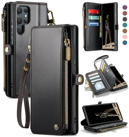 Defencase for Samsung Galaxy S22 Ultra Wallet Case with Card Holder, Black | Durable PU Leather, with RFID Blocking Zipper Pocket, Wrist Strap, S22 Ultra Flip Phone Cases Cover with Stand for Women Men - color: Elegant Black