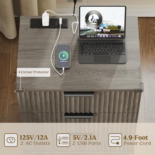 Wood Nightstands Set of 2 w/Charging Station, 3 Drawers Fluted Dresser - color: Dark Grey, size: 3 Drawers-Set of 2 Nightstand
