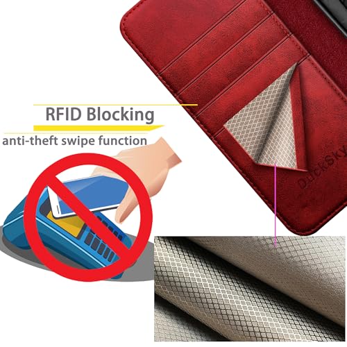 DuckSky Compatible with iPhone 17 Pro Max 6.9" Genuine Leather Wallet case【RFID Blocking】【4 Credit Card Holder】【Real Leather】 Flip Phone case Cover Women Men for Apple 17 Pro Max case Red - color: Red