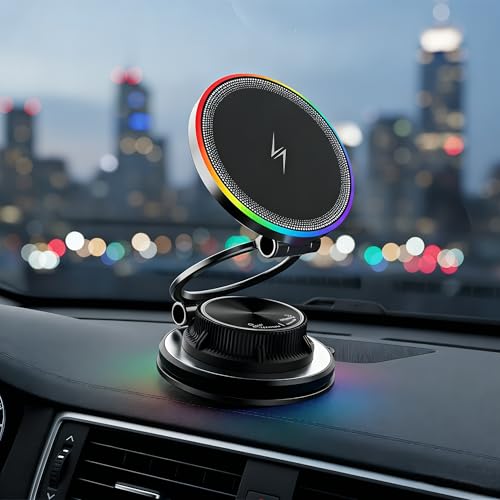 15W Fast Wireless Car Charger, Magnetic Dashboard Phone Holder, 360 Rotating Foldable Bracket, Compatible with MagSafe, Strong N52 Magnet & Gel Suction for iPhone17/16/15 pro and Samsung (Black) - color: Black