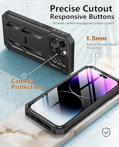 FNTCASE for iPhone 14 Pro Max Case, Built-in Screen Protector, Kickstand | 20FT Military-Grade Drop Protection, Anti-Slip Matte Textured, Rugged Heavy Duty Shockproof TPU Protective Cover - color: Kickstand Black