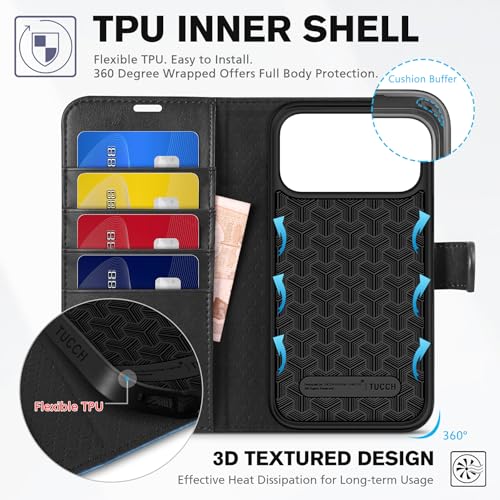 TUCCH Case Wallet for iPhone 17 Pro Max, RFID Blocking, Black & Light Blue | 4 Card Holders, Kickstand, PU Leather, Magnetic Closure, Shockproof TPU Shell, Protective Flip Cover - color: Two-tone Black & Light Blue