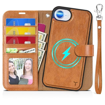 TUCCH 2-in-1 Detachable Wallet Case for iPhone 17e/16e (6.1"), Light Brown | 4 Card Holders, RFID Blocking, Wireless Charging, Kickstand, Wrist Strap, Shockproof TPU, PU Leather, Magnetic, Folio Cover - color: Brown - Textured