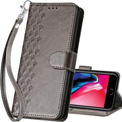for iPhone SE 2022/7/8/SE 2020 Wallet case, Gray-Cube | 3 Card Holders, Kickstand, Shockproof TPU Shell, PU Leather, Magnetic Closure, Protective Flip Folio Cover, Women - color: 10