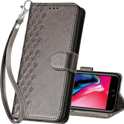for iPhone SE 2022/7/8/SE 2020 Wallet case, Gray-Cube | 3 Card Holders, Kickstand, Shockproof TPU Shell, PU Leather, Magnetic Closure, Protective Flip Folio Cover, Women - color: 10