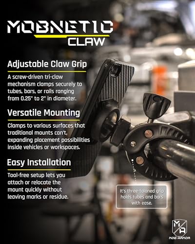 Mob Armor MobNetic Claw with 360° Rotation - Bar Mount for Golf Carts, Strollers, or Any enclsoed cab Vehicle with Round or Square Tubes- Universal Car Magnetic Phone Mount, Assembled in USA - Black