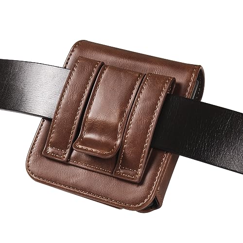 Galaxy Z Flip Leather Waist Bag Brown, Mens Leather Mobile Phone Carrying Case with Belt Clip Holder Handbag Compatible with Samsung Galaxy Z Flip 8/7/6/5/4/3 5G SM-F700/F707/F711, Moto RAZR 5G - color: Brown