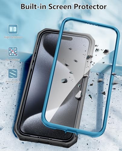 FNTCASE for iPhone 15-Pro-Max Phone Case 6.7", Built-in Screen Protector & Kickstand & Belt-Clip Heavy Duty Military Grade Shockproof Protection Rugged Case - Blue | Built-in Screen Protector, Military-Grade Drop Protection, Heavy Duty Shockproof Holster
