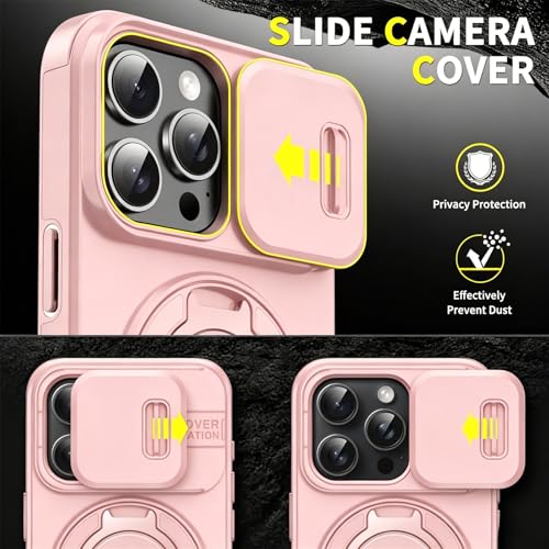 Rugged Shockproof Case for iPhone 17 Pro Max, Heavy Duty Protective Phone Case with Slide Camera Cover, 360° Rotatable Ring Stand & Magnetic Car Mount Compatible (Pink,iPhone 17 Pro Max) - color: Pink