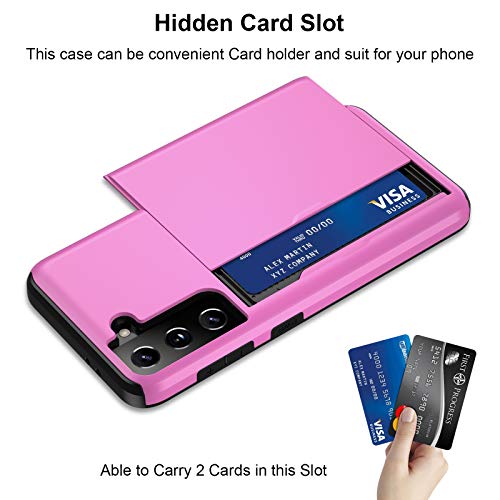 Jiunai for Samsung Galaxy S21 Case Wallet Credit Card IDs Cash Holder Pink | Slide Cover Dual Layer Hybrid Protective Hard PC Soft TPU Rubber Cover Phone Case for Samsung Galaxy S21 5G 6.2'' Women Men - color: Pink