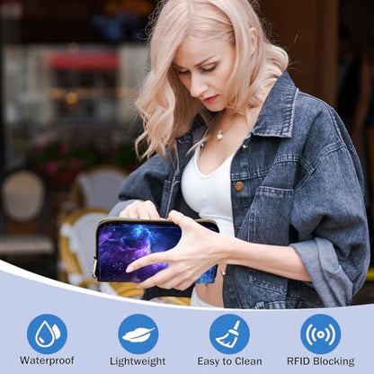 Ladies Wallet,Clutch Purses for Women Wallets Leather Credit Card Holder for Women Wristlet Slim Small Cute with Zipper,Thin RFID Blocking with Wrist Strap,Blue Purple Galaxy - color: Blue Purple Galaxy