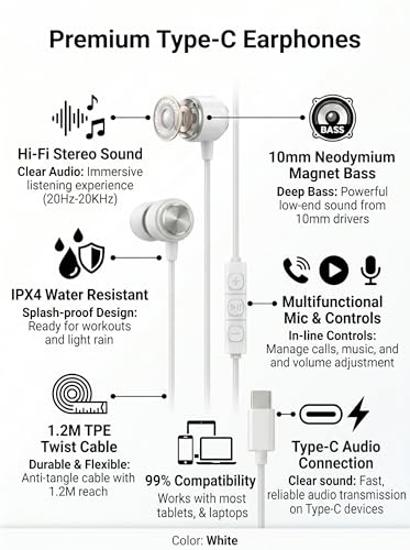 Halo 30-Pack USB C Wired Earbuds with Mic, Type C in-Ear Headphones with Volume Control, Bulk Headphones Compatible with iPhone 17 16 15 Pro Max, iPad, Galaxy S26 S25 S24 S23, Pixel - White - size: 30 Pack